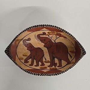 Handcrafted Decorative Carved Wood Oval Bowl‎ - Elephants 14"x 9"x3"